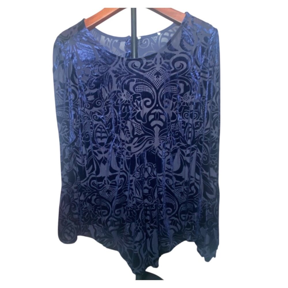 Blue Velvet Burnout Blouse Button Back Closure Long Sleeves Grunge‎ Goth *READ*